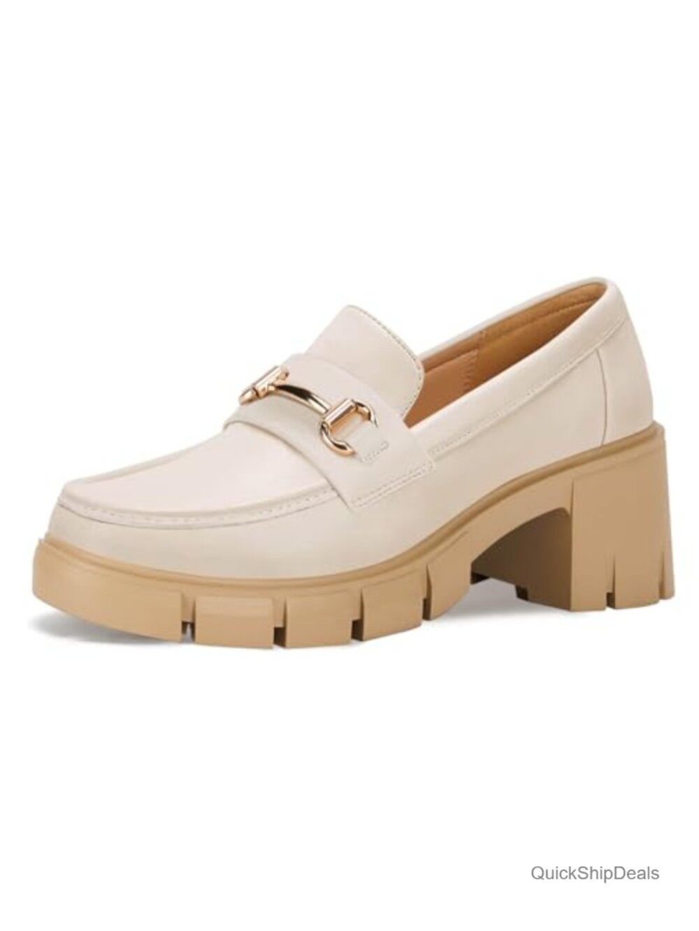 Coutgo Womens Chunky Platform Lug Sole Loafers Mid Heel Faux Leather Pull-On